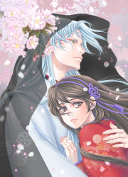 Rule 34 | 1boy, 1girl, blurry, brown eyes, brown hair, cherry blossoms, colored eyelashes, depth of field, fingernails, floating hair, floral print, hair ornament, hairband, highres, holding, inuyasha, japanese clothes, kimono, long fingernails, looking afar, aged up, parted lips, petals, pointy ears, purple ribbon, ribbon, rin (inuyasha), rope, see-through, sesshoumaru, signature, tokiko (psychopomp), unmoving pattern, wind