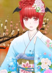 Rule 34 | 1girl, alternate costume, alternate hairstyle, arm up, blue kimono, bosutonii, branch, brown background, cherry blossoms, commentary request, expressionless, floral print, flower, hair flower, hair ornament, hair up, hand on own chest, head wings, highres, japanese clothes, kimono, koakuma, lips, looking at viewer, obi, parted lips, red eyes, red hair, red sun, sash, sleeves past wrists, snowflake print, solo, teeth, touhou, unfinished, upper teeth only, wings