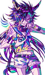 Rule 34 | !? (krkrgzgz), 1girl, air shakur (umamusume), animal ears, arm belt, arm tattoo, backless outfit, belt, belt buckle, black hair, blue neckerchief, bracelet, breasts, buckle, chest strap, colorful, cowboy shot, ear piercing, evil grin, evil smile, eyes visible through hair, grin, hand on own face, highres, horse ears, horse girl, horse tail, jewelry, long hair, looking to the side, midriff, multicolored wings, navel, neckerchief, piercing, shirt, short shorts, shorts, simple background, single wing, sleeveless, sleeveless shirt, small breasts, smile, solo, standing, studded bracelet, sweat, tail, tattoo, teeth, thigh strap, umamusume, white background, wings, yellow eyes