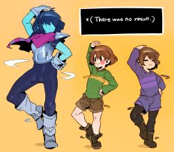 Rule 34 | 3others, arm up, armor, black bodysuit, black legwear, blue hair, blush stickers, bodysuit, boots, brown footwear, brown hair, brown shorts, chara (undertale), closed eyes, closed mouth, colored skin, dancing, deltarune, doppel (bonnypir), english text, frisk (undertale), gloves, hair over eyes, hand on own hip, highres, kris (deltarune), long sleeves, multiple others, pantyhose, purple shorts, scarf, shirt, shorts, simple background, smile, striped clothes, striped shirt, undertale, white gloves, yellow background