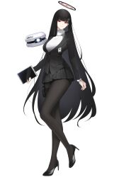 Rule 34 | 1girl, black footwear, black hair, black pantyhose, black skirt, black vest, blue archive, blunt bangs, breasts, closed mouth, commentary request, full body, halo, high heels, highres, holding, holding tablet pc, large breasts, long hair, long sleeves, looking at viewer, mechanical halo, pantyhose, red eyes, revebw, rio (blue archive), simple background, skirt, solo, standing, sweater, tablet pc, turtleneck, vest, white background, white sweater
