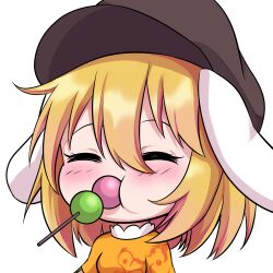 Rule 34 | 1girl, alpha transparency, animal ears, blonde hair, bmkro, breasts, chibi, closed eyes, commentary request, eating, eyebrows hidden by hair, floppy ears, food, lowres, medium breasts, mochi, mouth hold, rabbit ears, rabbit girl, raised eyebrows, ringo (touhou), solo, spanish commentary, touhou, transparent background, upper body