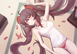 Rule 34 | 1girl, absurdres, arm up, blush, breasts, brown hair, casual, flower, genshin impact, highres, hu tao (genshin impact), lingwuye, long hair, looking at viewer, lying, no pants, on back, on floor, origami, panties, paper crane, petals, plum blossoms, red eyes, small breasts, smile, twintails, underwear, very long hair