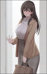Rule 34 | 1girl, arm at side, bag, black hair, blush, breasts, brown coat, brown eyes, coat, grey skirt, hair between eyes, handbag, heart, highres, holding, holding bag, huge breasts, long hair, long skirt, long sleeves, looking to the side, mature female, mobu, monochrome background, open clothes, open coat, open mouth, original, skirt, solo, speech bubble, sweat, sweatdrop, very long hair, waving