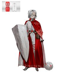 Rule 34 | 1girl, absurdres, aqeecit, artificial vagina, belt, cape, earrings, expressionless, female focus, flail, full body, glasses, hair over one eye, high-waist pants, highres, holding, holding shield, jewelry, original, pants, red cape, reference photo, rimless eyewear, scar, scar on face, scar on forehead, sex toy, shield, simple background, solo, standing, tenga, weapon, white background, white hair