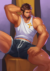 Rule 34 | 1boy, armpits, bara, beard, black male underwear, boxers, brown hair, bulge, dark-skinned male, dark skin, dungeon and fighter, facial hair, feet out of frame, highres, jiajiuli, looking at viewer, male focus, male priest (dungeon and fighter), male underwear, mature male, midriff peek, muscular, muscular male, navel, no pants, pectorals, short hair, sidepec, sitting, solo, spread legs, tank top, thick thighs, thighs, underwear, white tank top
