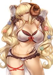 Rule 34 | 110yennohito, 1girl, ahoge, anila (buddhism), anila (granblue fantasy), anila (summer) (granblue fantasy), bikini, blonde hair, breasts, curvy, draph, granblue fantasy, highres, horns, large breasts, long hair, looking at viewer, sheep horns, short eyebrows, smile, solo, swimsuit, thick eyebrows, very long hair, white bikini, wide hips, yellow eyes