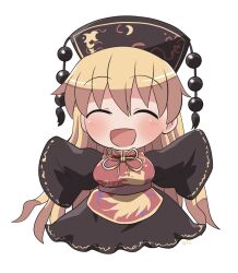 Rule 34 | 1girl, black dress, black headwear, blonde hair, blush, chibi, chinese clothes, closed eyes, dress, facing viewer, full body, hair between eyes, highres, junko (touhou), long hair, open mouth, phoenix crown, rokugou daisuke, signature, simple background, sleeves past fingers, sleeves past wrists, smile, solo, tabard, touhou, white background, wide sleeves