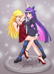 Rule 34 | 10s, 2girls, between breasts, blonde hair, breasts, finger on lips, highres, large breasts, long hair, multiple girls, panty &amp; stocking with garterbelt, panty (psg), pink hair, pole, pole dancing, purple hair, sawwei005, stocking (psg)