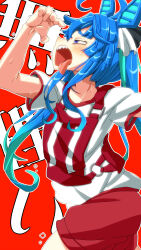Rule 34 | 1girl, ahoge, animal ears, aono3, aqua hair, blue eyes, blue hair, commentary, exhausted, from side, gym shorts, gym uniform, half-closed eyes, highres, horse ears, horse girl, long hair, multicolored hair, race bib, red background, red shorts, running, sharp teeth, shirt, short sleeves, shorts, solo, sweat, t-shirt, teeth, text background, tongue, tongue out, translated, twin turbo (umamusume), twintails, two-tone hair, umamusume, white shirt