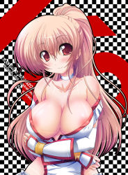 Rule 34 | 1girl, areola slip, bare shoulders, breasts, bridal gauntlets, brown hair, checkered background, choker, cleavage, covered erect nipples, crossed arms, dead or alive, female focus, high ponytail, highleg, highres, hip focus, japanese clothes, kasumi (doa), large breasts, long hair, looking at viewer, naughty face, ninja, no bra, off shoulder, open clothes, open shirt, ponytail, red eyes, shiny clothes, shiny skin, shirt, smile, solo, standing, tatibana, tecmo, upper body, very long hair, wide hips, wristband