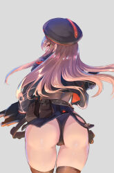 Rule 34 | 1girl, ass, belt, belt pouch, beret, black gloves, black hat, black jacket, black panties, black skirt, bodystocking, brown belt, brown hair, brown thighhighs, commentary, cowboy shot, cropped jacket, ear piercing, floating hair, from behind, gloves, goddess of victory: nikke, grey background, gun, hat, highres, holding, holding gun, holding weapon, jacket, long hair, looking at viewer, looking back, microskirt, n-oel, panties, piercing, pouch, rapi (nikke), red eyes, simple background, skirt, solo, standing, thighhighs, thighs, underwear, weapon