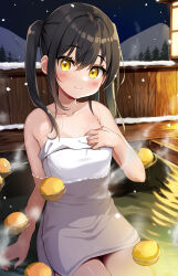Rule 34 | 1girl, bare arms, bare shoulders, black hair, blush, breasts, closed mouth, collarbone, commentary request, feet out of frame, food, fruit, hair between eyes, hair over shoulder, hand up, highres, lantern, long hair, looking at viewer, minamura haruki, mountain, naked towel, night, night sky, onsen, original, outdoors, partially submerged, sitting, sky, small breasts, smile, snow, snowing, solo, towel, twintails, water, yellow eyes, yuzu (fruit), yuzu bath
