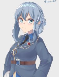 Rule 34 | 1girl, bad id, bad pixiv id, badge, black necktie, blue dress, blue eyes, blue hair, blue jacket, breasts, collared shirt, dress, elbow gloves, gloves, gotland (kancolle), gotland andra (kancolle), grey background, hair bun, jacket, kantai collection, long hair, looking at viewer, medium breasts, military, military uniform, mole, mole under eye, necktie, shirt, simple background, single hair bun, smile, solo, tiasis, twitter username, uniform, upper body, white gloves