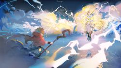 Rule 34 | 1girl, absurdres, arm behind head, arm up, blue dress, brown hair, cape, cloud, commentary request, creature, dress, facing away, fre (haochilanzuo), glowing, highres, holding, holding staff, hood, hood down, hooded cape, huge filesize, lightning, original, red cape, reflection, ripples, staff, striped clothes, striped dress, torn cape, torn clothes, vertical-striped clothes, vertical-striped dress, water