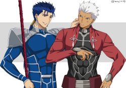 Rule 34 | 2boys, akujiki59, anger vein, archer (fate), armor, blue bodysuit, blue hair, bodysuit, cheek pinching, covered abs, cu chulainn (fate), cu chulainn (fate/stay night), dark-skinned male, dark skin, fate/stay night, fate (series), gae bolg (fate), holding, holding polearm, holding spear, holding weapon, male focus, multiple boys, official style, pauldrons, pectorals, pinching, polearm, ponytail, red eyes, short hair, shoulder armor, shrug (clothing), spear, spiked hair, teasing, toned, toned male, upper body, weapon, white hair