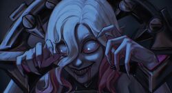 Rule 34 | 1girl, blood, blood from mouth, briar (league of legends), chained wrists, grey eyes, grey hair, hair between eyes, hands up, highres, league of legends, long hair, noctysart, red lips, sharp teeth, smile, solo, teeth, unfinished, vampire
