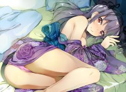 Rule 34 | 1girl, ass, bare shoulders, bed sheet, black hair, black ribbon, blush, breasts, closed mouth, commentary request, fingernails, floral print, hair ribbon, hand up, highres, idolmaster, idolmaster cinderella girls, japanese clothes, kanzaki ranko, kimono, long hair, long sleeves, lying, medium breasts, nervous smile, nose blush, obi, off shoulder, on side, panties, partially visible vulva, pillow, pink panties, print kimono, purple kimono, red eyes, ribbon, sash, seneto, sidelocks, smile, solo, tears, underwear, wavy mouth, wide sleeves