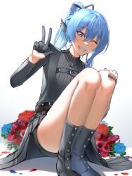 Rule 34 | 1girl, belt, blue eyes, blue hair, boots, bouquet, chest belt, flower, gloves, grin, hair between eyes, hair ribbon, hololive, hoshimachi suisei, hoshimachi suisei (shout in crisis), looking at viewer, official alternate costume, one eye closed, phoebe (pixiv 55159801), ponytail, ribbon, shorts, single glove, smile, solo, squatting, star (symbol), star in eye, sweat, symbol in eye, virtual youtuber, w