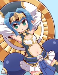 Rule 34 | 1girl, :o, armpits, arms up, black thighhighs, blue background, blue hair, blush, breasts, commentary request, detached sleeves, dutch angle, green eyes, hair between eyes, hair intakes, hat, headpiece, hellmatio, highres, looking at viewer, naga u, navel, parted lips, pleated skirt, revision, shinrabanshou, skirt, small breasts, solo, thick eyebrows, thighhighs, white hat, white skirt, white sleeves