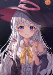 Rule 34 | 1girl, bad id, bad pixiv id, bare shoulders, black hat, blue eyes, blush, bow, braid, center frills, coin, elaina (majo no tabitabi), flat chest, frills, glint, gradient background, grey background, grey jacket, grin, hair bow, hair over shoulder, hair ribbon, hand up, hat, highres, jacket, long hair, looking at viewer, majo no tabitabi, night, night sky, off shoulder, pink bow, ribbon, shirt, side braid, silver hair, simple background, single braid, sky, smile, solo, star (sky), tress ribbon, upper body, white shirt, wide sleeves, witch, witch hat, yellow neckwear, yellow ribbon, yulha 06