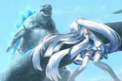 Rule 34 | 1girl, 1other, bare shoulders, belt, bent over, commentary, detached sleeves, fighting stance, from side, giant, giant monster, godzilla, godzilla (series), hair ornament, haraya manawari, hatsune miku, highres, kaijuu, long hair, looking at another, miniskirt, open mouth, outdoors, pleated skirt, scarf, sharp teeth, shinkalion (series), shinkansen henkei robo shinkalion, shinkansen henkei robo shinkalion the movie: the marvelous fast alfa-x that comes from the future, shirt, skindentation, skirt, sleeveless, sleeveless shirt, sleeves past fingers, sleeves past wrists, snow godzilla, snowing, spines, standing, tail, teeth, thighhighs, toho, twintails, very long hair, vocaloid, white hair, white scarf, white shirt, white skirt, white sleeves, white thighhighs, wide sleeves, yuki miku, yuki miku (2011), zettai ryouiki
