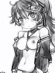 Rule 34 | 1girl, bad id, bad pixiv id, bare shoulders, between breasts, blush, breasts, closed mouth, cross, cross earrings, earrings, greyscale, hair between eyes, hair ribbon, head tilt, highres, jacket, jewelry, looking at viewer, medium breasts, monochrome, nanashi (nlo), navel, necktie, necktie between breasts, nipples, open clothes, open jacket, ponytail, re:act, ribbon, shishigami leona, short necktie, simple background, solo, virtual youtuber, white background