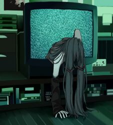 Rule 34 | 1girl, aqua hair, black sleeves, commentary, corduroy (cordrawroy), detached sleeves, english commentary, green theme, grey shirt, hair ornament, hair over face, hatsune miku, highres, horror (theme), indoors, long hair, messy hair, shirt, sleeveless, sleeveless shirt, solo, static, television, the ring, through medium, through screen, twintails, very long hair, vocaloid