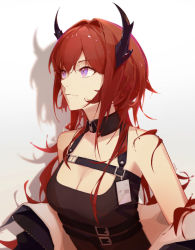 Rule 34 | 1girl, arknights, bare shoulders, belt, black shirt, breasts, cleavage, clothes down, commentary, grey background, hair between eyes, hair intakes, highres, horns, id card, jushoro, light smile, lips, long hair, looking to the side, medium breasts, nose, purple eyes, red hair, shadow, shirt, sleeveless, solo, surtr (arknights), swept bangs, upper body, zipper