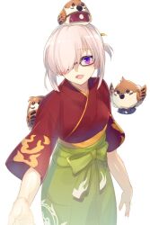 Rule 34 | 1girl, bird, breasts, echo (circa), fate/grand order, fate (series), flame print, glasses, green hakama, hair over one eye, hakama, japanese clothes, kimono, large breasts, long sleeves, looking at viewer, mash kyrielight, mash kyrielight (enma-tei uniform), purple eyes, purple hair, red kimono, short hair, short ponytail, sparrow, wide sleeves