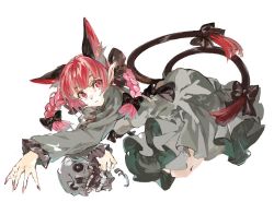 Rule 34 | 1girl, :3, animal ear fluff, animal ears, back bow, black bow, blue eyes, bone, bow, braid, cat ears, cat tail, dress, extra ears, fang, fang out, fingernails, green dress, holding, holding skull, kaenbyou rin, konabetate, looking at viewer, multiple tails, nail polish, pointy ears, red eyes, red hair, red nails, sharp fingernails, sitting, skull, slit pupils, tail, tail bow, tail ornament, touhou, twin braids, two tails, white background