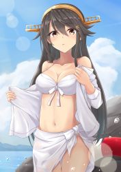Rule 34 | 1girl, :o, absurdres, alternate costume, bare shoulders, bikini, black hair, blue sky, blurry, blush, bokeh, breasts, brown eyes, cloud, cowboy shot, day, depth of field, gensoukitan, hair ornament, hairband, hairclip, haruna (kancolle), headgear, highres, kantai collection, large breasts, lifebuoy, light particles, long hair, looking at viewer, navel, open mouth, outdoors, sarong, sky, solo, stomach, sunlight, swim ring, swimsuit, white bikini