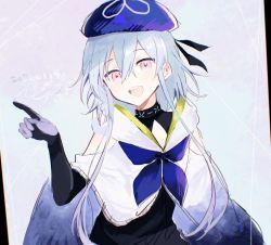 Rule 34 | 1boy, androgynous, arknights, artist name, bishounen, blue hair, blue hat, blue ribbon, commentary, commentary request, crossed bangs, figmnts, gloves, hair between eyes, hat, highres, long hair, male focus, mizuki (arknights), open mouth, pointing, purple eyes, ribbon, shirt, smile, solo, upper body, white background, white shirt