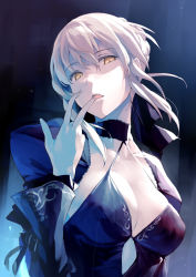 Rule 34 | 1girl, alternate breast size, artoria pendragon (all), artoria pendragon (fate), black dress, blonde hair, breasts, choker, cleavage, colored skin, detached sleeves, dress, empty eyes, fate/grand order, fate (series), finger to mouth, gothic lolita, half-closed eyes, hand up, head tilt, kekemotsu, large breasts, lolita fashion, long sleeves, looking at viewer, md5 mismatch, medium breasts, open mouth, pale skin, parted lips, resolution mismatch, saber alter, shaded face, sidelocks, solo, source larger, upper body, w, white hair, white skin, yellow eyes