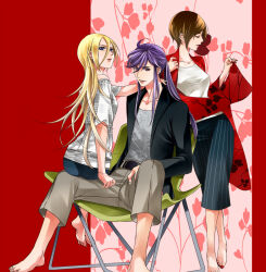 Rule 34 | 1boy, 2girls, barefoot, belt, blonde hair, blue eyes, brown hair, chair, closed eyes, crossed legs, folding chair, full body, hand on another&#039;s shoulder, jacket, kamui gakupo, lily (vocaloid), long hair, looking back, meiko (vocaloid), multiple girls, nail polish, on chair, pants, pencil skirt, pinstripe pattern, pinstripe skirt, ponytail, purple eyes, purple hair, short hair, short sleeves, sitting, sitting on person, skirt, smile, striped, toenail polish, toenails, toyu, very long hair, vocaloid