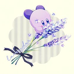 Rule 34 | artist name, black ribbon, blue eyes, blush, blush stickers, commentary, flower, grey background, kirby, kirby (series), kotori (lycka), lavender (flower), nintendo, no humans, petals, purple flower, ribbon, simple background, striped, striped background, symbol-only commentary, twitter username, white background