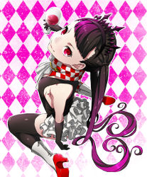Rule 34 | 1girl, argyle, argyle background, argyle clothes, arizuka (catacombe), black gloves, black thighhighs, boots, borrowed character, cup, drinking glass, frilled skirt, frills, from above, gloves, high heel boots, high heels, highres, long hair, looking at viewer, original, purple hair, red eyes, red footwear, scarf, shoes, sitting, skindentation, skirt, smile, solo, thighhighs, tiara, very long hair, wariza, wine glass
