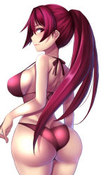 Rule 34 | 1girl, ass, bikini, blush, breasts, butt crack, fate/grand order, fate (series), highres, large breasts, long hair, nano (syoutamho), ponytail, profile, purple hair, red eyes, scathach (fate), scathach (fate), sideboob, simple background, solo, swimsuit, very long hair, wide hips