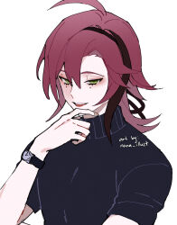 Rule 34 | 1boy, ahoge, alternate costume, black bow, black shirt, bow, brown hair, facing to the side, finger to own chin, genshin impact, green eyes, grey background, hair bow, looking down, male focus, mole, mole under eye, multicolored hair, nana illust, open mouth, red hair, shikanoin heizou, shirt, short sleeves, solo, teeth, turtleneck, twitter username, watch, wristwatch