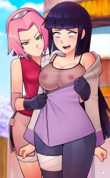 Rule 34 | 2girls, arms at sides, assisted exposure, bandaged leg, bandages, black gloves, blue hair, blunt bangs, blush, breast envy, breasts, breasts out, cleavage, closed mouth, clothes pull, collarbone, embarrassed, feet out of frame, fishnet top, fishnets, gloves, green eyes, haruno sakura, headband, highres, hood, hood down, hoodie, hyuuga hinata, konohagakure symbol, large breasts, lips, long hair, long sleeves, loodncrood, looking at breasts, mesh, multiple girls, naruto (series), naruto shippuuden, nipples, no pupils, open clothes, open hoodie, open mouth, outdoors, parted bangs, pink hair, pout, pulling another&#039;s clothes, purple eyes, short hair, sidelocks, sleeveless, small breasts, spaghetti strap, standing, sweatdrop, thighs, tongue, unzipped, unzipping, upper body