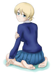 Rule 34 | 10s, 1girl, artist name, back, bad id, bad pixiv id, barefoot, blonde hair, blue eyes, blue skirt, blue sweater, darjeeling (girls und panzer), feet, from behind, full body, girls und panzer, highres, holding own arm, looking at viewer, looking back, miniskirt, no legwear, pleated skirt, seiza, short hair, simple background, sitting, skirt, smile, soles, solo, souji kurokawa, sweater, toes, white background