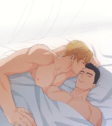 Rule 34 | 2boys, afterglow, ao isami, bad id, bad twitter id, bara, bed sheet, bedroom, black hair, blonde hair, couple, covering privates, facial hair, highres, indoors, kiss, kissing forehead, large pectorals, lewis smith, lying, male focus, multiple boys, nipples, nude cover, on back, on bed, on side, pectorals, pillow, sideburns stubble, stubble, thick eyebrows, upper body, yaoi, yuuki bakuhatsu bang bravern, yuzuki (hmr813k)