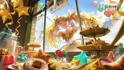 Rule 34 | 1girl, against glass, balloon, baraba baba, blonde hair, candy, cloud, cloudy sky, cookie, display, doughnut, food, gingerbread man, gloves, hair ornament, highres, lollipop, long hair, magical girl, puffy short sleeves, puffy sleeves, shirt, shop, short sleeves, skirt, sky, solo, star-shaped pupils, star (symbol), star hair ornament, sweets, symbol-shaped pupils, takt op., twinkle star (takt op.), twintails, white gloves, window, yellow shirt, yellow skirt