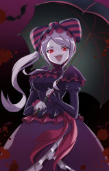 Rule 34 | 1girl, :d, absurdres, black background, black bow, black hair, black nails, blood, blood splatter, bow, breasts, dress, fangs, frilled dress, frills, gothic lolita, gradient background, grey hair, hair bow, highres, holding, holding umbrella, lolita fashion, long hair, looking at viewer, nail polish, open mouth, overlord (maruyama), pink background, pink bow, purple dress, red eyes, shalltear bloodfallen, smile, solo, teeth, tonton utaro, umbrella, upper teeth only, vampire