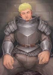 Rule 34 | 1boy, against wall, armor, arms at sides, bara, belt, blonde hair, breastplate, bulge, drooling, dungeon meshi, erection, erection under clothes, feet out of frame, laios touden, long sleeves, male focus, muscular, muscular male, precum, precum through clothes, short hair, sitting, sleeping, solo, spread legs, syu0909, twitching penis