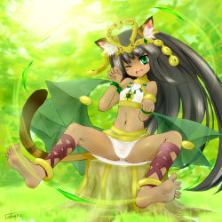 Rule 34 | 1girl, animal ears, ankle lace-up, anklet, armlet, awayuki tobari, bangle, barefoot, bastet (p&amp;d), black hair, bracelet, cat ears, cat tail, cross-laced footwear, dark skin, feet, green eyes, headdress, highres, jewelry, lots of jewelry, midriff, navel, puzzle &amp; dragons, soles, spread toes, tail, toes