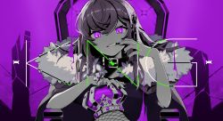 Rule 34 | 1girl, absurdres, asano ruri, asano sisters project, barbed wire, chair, collar, crown, finger to mouth, fur trim, gomapiyo (gmpy oaio), hair ornament, highres, king (vocaloid), limited palette, long hair, looking at viewer, nail polish, purple background, purple theme, sitting, smile, solo, song name, teeth, unworn crown, upper body, virtual youtuber, vocaloid