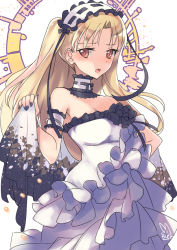 Rule 34 | 1girl, artist name, bare shoulders, black nails, black ribbon, blonde hair, blush, breasts, brown eyes, choker, cleavage, commentary request, cosplay, dress, ereshkigal (fate), fate/grand order, fate (series), frills, hairband, lolita hairband, long hair, looking at viewer, medium breasts, nail polish, open mouth, ribbon, sensen, solo, stheno (fate), stheno (cosplay), strapless, strapless dress, two side up, veil, white dress