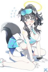 Rule 34 | 1girl, absurdres, animal ears, bare shoulders, black hair, blue archive, blue skirt, blush, breasts, character name, cheerleader, cleavage, clothes writing, dog ears, dog girl, dog tail, eyewear on head, facial tattoo, grey eyes, halo, hibiki (blue archive), hibiki (cheer squad) (blue archive), highres, legs, makicha (sasurainopink), medium breasts, medium hair, millennium cheerleader outfit (blue archive), shoes, shoulder tattoo, simple background, sitting, skirt, sneakers, solo, star tattoo, sunglasses, tail, tattoo, thighs, two-tone skirt, wariza, white background, white footwear, white skirt