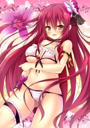 Rule 34 | 1girl, armlet, bad id, bad twitter id, bikini, blush, breasts, brown eyes, cattleya (flower knight girl), choker, cowboy shot, flower, flower knight girl, hair ribbon, huei nazuki, large breasts, long hair, looking at viewer, multicolored background, name connection, object namesake, orchid, pink background, red hair, ribbon, smile, solo, swimsuit, thighlet, twitter username, white bikini, yellow background
